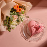 Valentine's Day Flower Bouquet & Heart Shaped Raspberry Mousse with Dubai Chocolate Filling Cake (1.5 Pounds) 情人節花束及心形紅莓慕斯開心果蛋糕 (1.5磅)